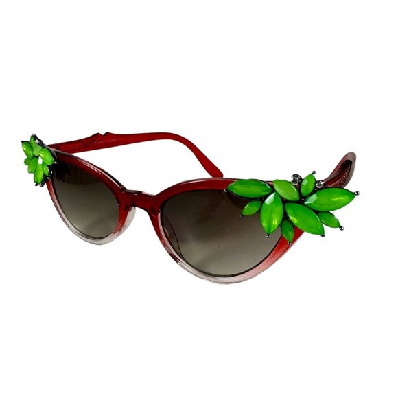 Vintage Vixen Rhinestone hand embellished sunglasses red ombre with green rhines main image 4